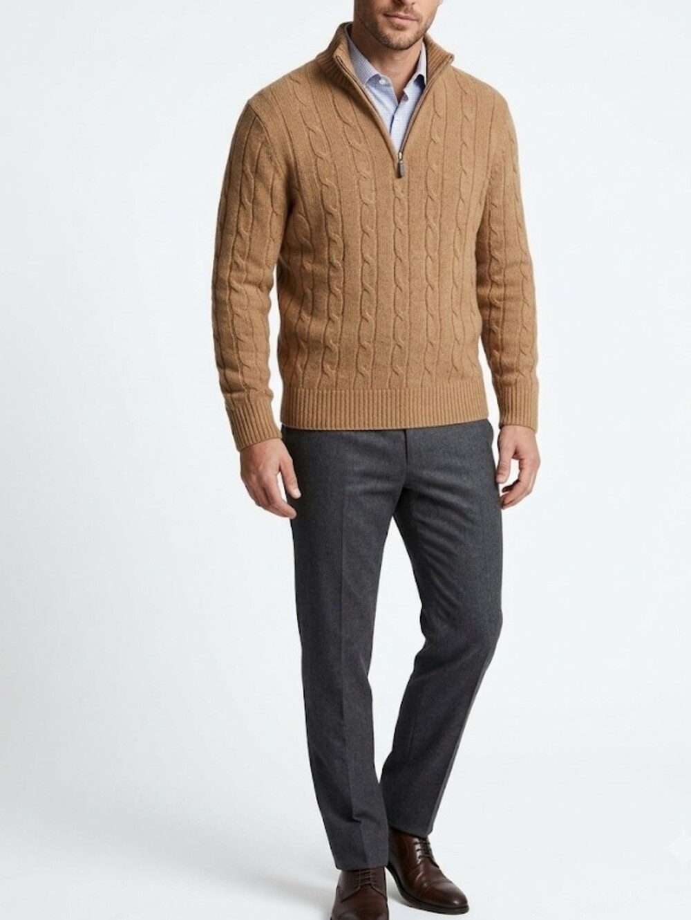 Brooks Brothers Tan Cable-Knit Half-Zip Sweater